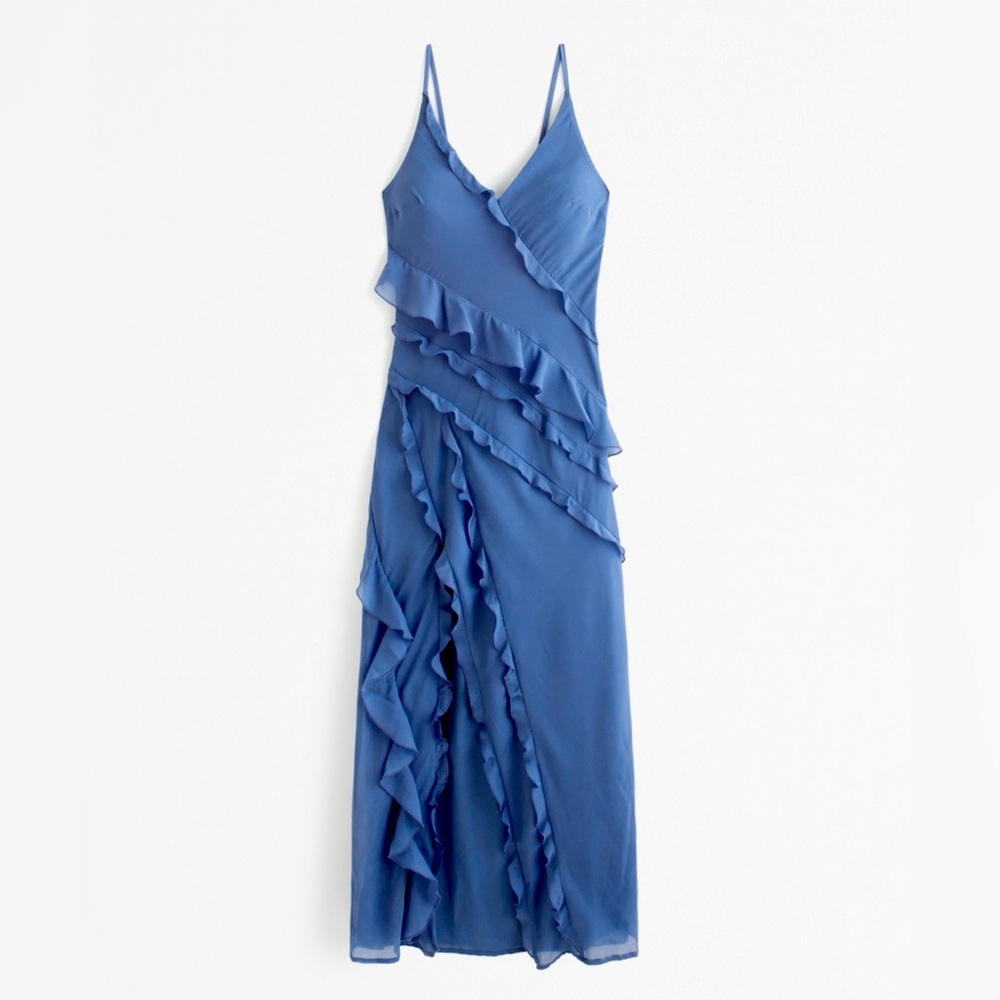 A&E Blue Draped Ruffle Maxi Dress
